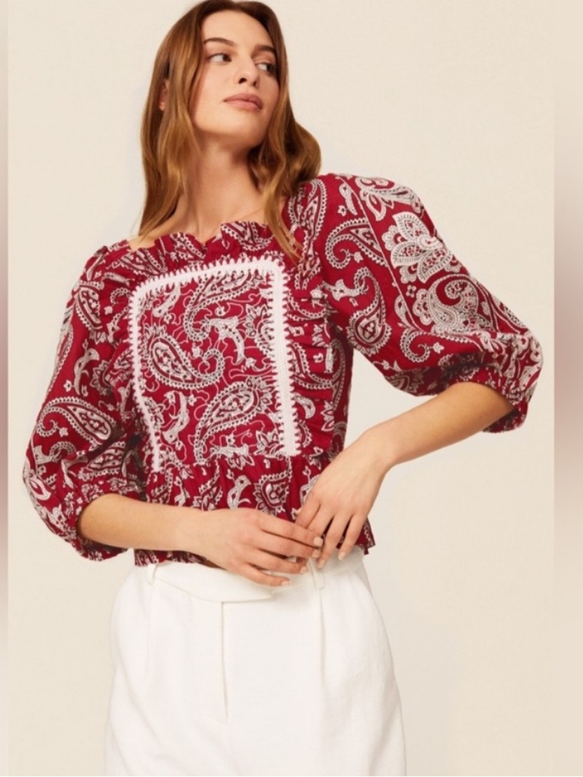 Sea New York Red Paisley Puff-Sleeve Blouse Size S
